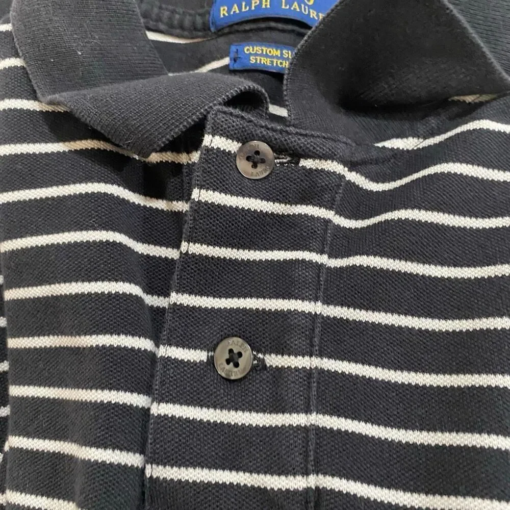 Polo Ralph Lauren Custom Slim Fit Striped Polo Shirt Mens Medium Black Stretch M